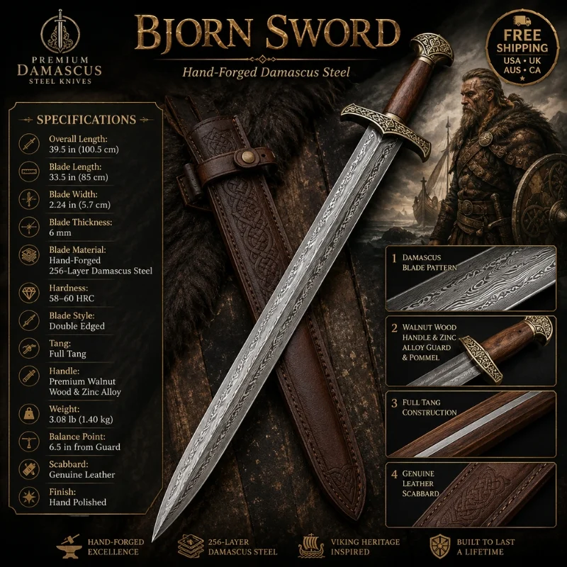 Bjorn Ironside Sword (2) Bjorn Ironside Sword — full Damascus steel Viking battle sword with leather scabbard