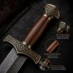 Close-up of the Bjorn Battle Sword pommel, zinc alloy and wood handle with Norse detailing