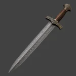 Hand-folded Damascus steel pattern on the Bjorn Battle Sword double-edged blade