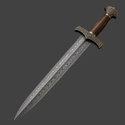 Hand-folded Damascus steel pattern on the Bjorn Battle Sword double-edged blade